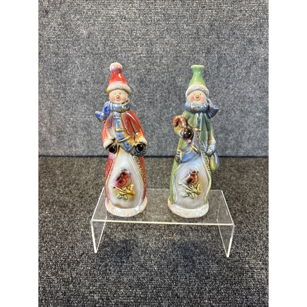 Ceramic Christmas Snowmans With Cardinals Set Of 2~Green‎ and Red